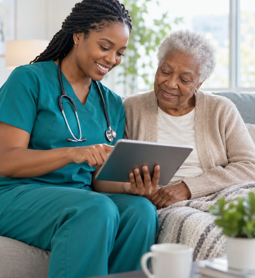 Caregiver showing an older adult healthcare information on a tablet