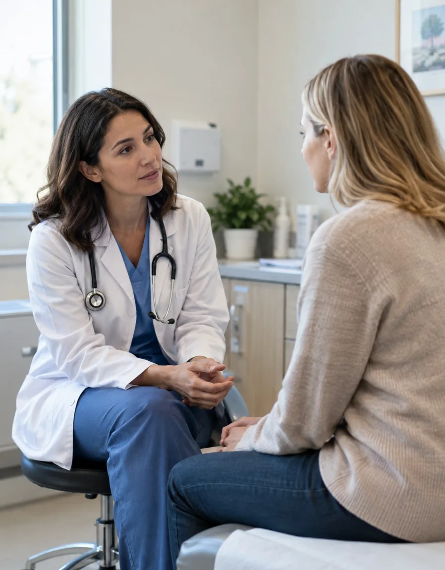Clinician consulting with a patient in a bright examination room
