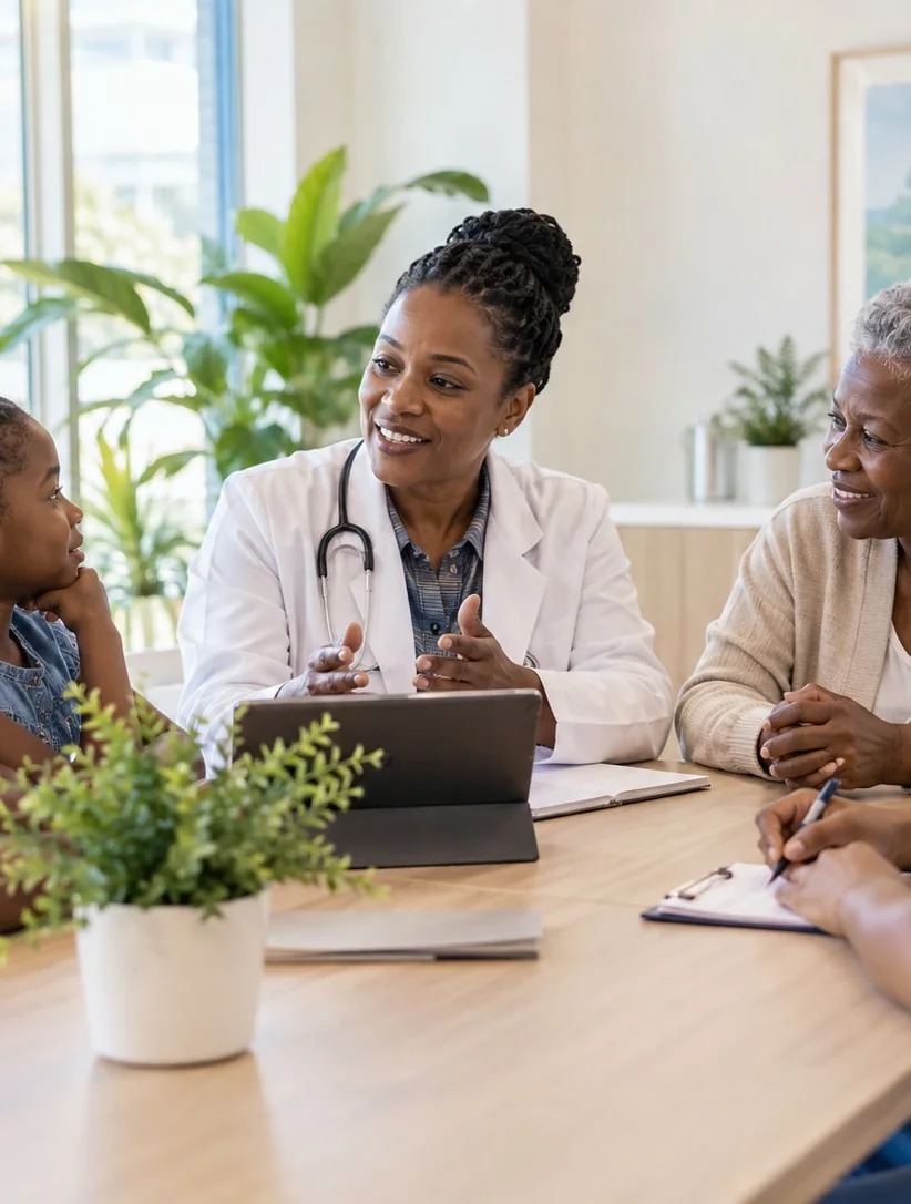 Clinician in conversation with a patient, illustrative photography