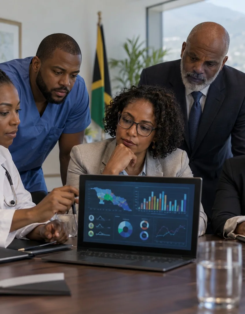 Healthcare team discussing information together on a digital screen